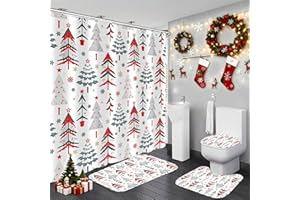 LQCOOL Winter Christmas Shower Curtain Set-Xmas Tree Theme Bathroom Set Christmas Decor 4Pcs Waterproof Shower Curtain with Rugs,Toilet Lid Cover and 12 Hooks