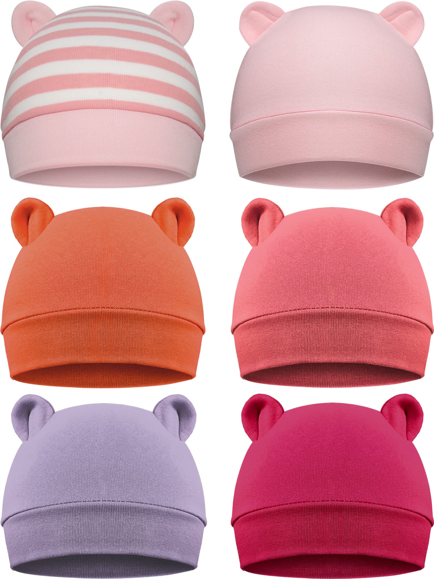 Photo 1 of 6 Pieces Newborn Baby Hat Bear Ears Infant Caps Baby Boy Girl Toddler Hats Infant Beanie Caps for 0-3 Months (Pink White, Light Pink, Dark Pink, Orange, Rose Red, Purple,Classic)