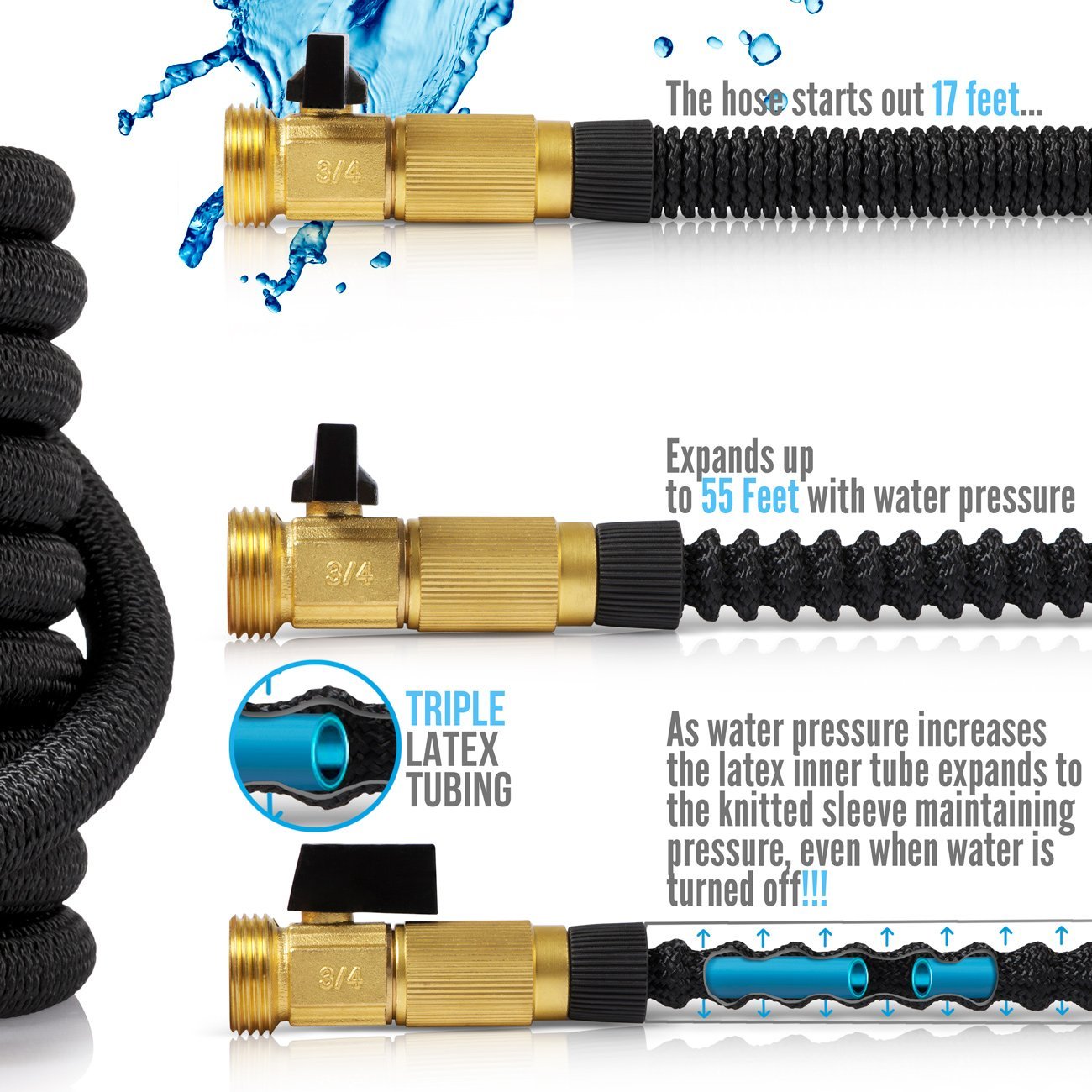 50ft Expandable Garden Hose Made of Triple Natural Latex Set + Free Bonuses