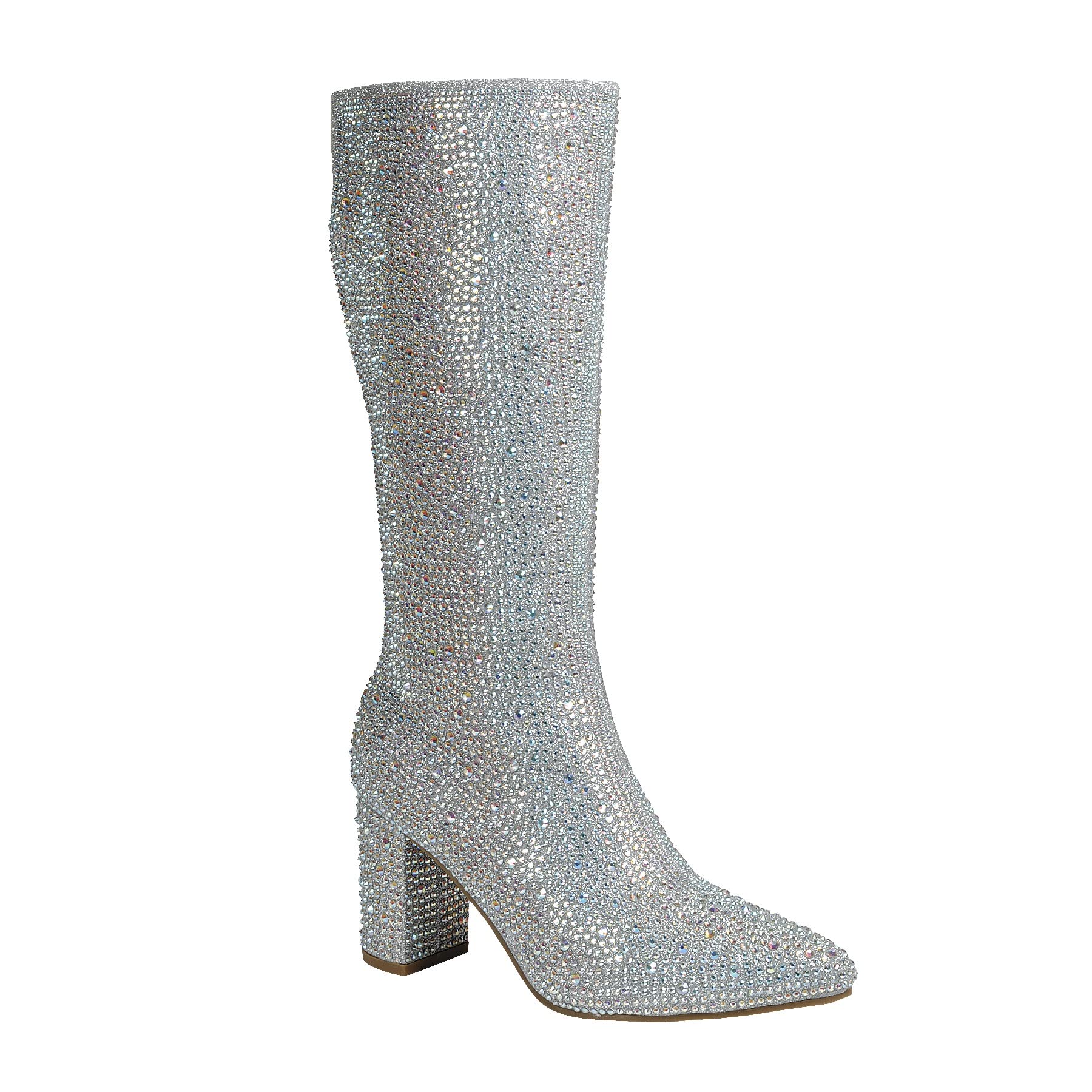 Photo 1 of ABSOLEX Women Pointed Toe Rhinestone Block Medium Heel Knee High Boots, Silver, 7
