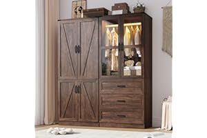 HLIVELOOD 75" Tall Farmhouse 4 Doors Armoire Wardrobe Closet with 3 Drawers and LED,Freestanding Closet Wardrobe Cabinet for Bedroom with Hanging Rod,Wooden Armoire Storage Cabinet with Adjustable shelve(Brown)