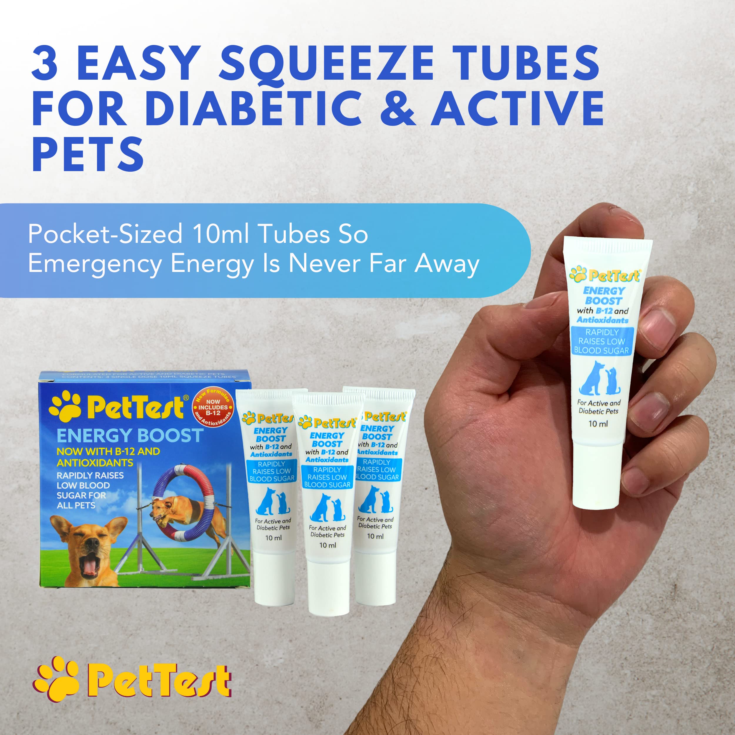 PetTest Energy Boost Glucose SOS 3x10ml Tubes for Pets, Instantly Increases Low Blood Sugar with B12 and Antioxidants, Fast Acting, Meat Flavoured, Rapid Recovery for Active or Diabetic Dogs & Cats