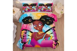 Tailor Shop Fantasy Black Girl Comforter Set Rainbow Butterfly Twin Size Bedding Sets for Girls Kids Kawaii Magic African American Black Girl Bedding Set with 1 Pillowcase Girls Room Decor