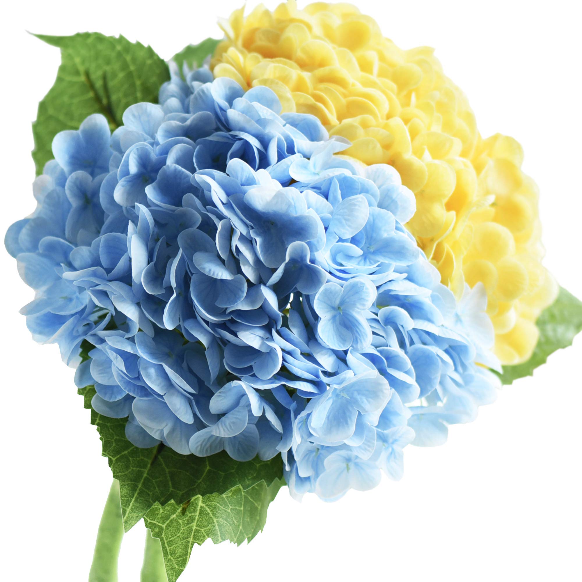FiveSeasonStuff Real Touch Silk Blue Yellow Mix Hydrangea Flowers, 2 Large Long Stems Artificial Flowers for Floral Decoration Arrangements