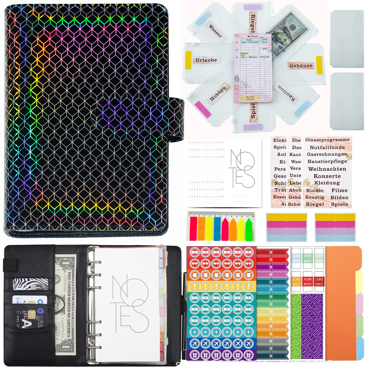 AWUJON A6 Budget Planner Set, 6-Ring Binder with Money Envelopes, Black Diamond Pattern