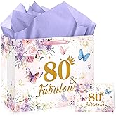 TagreSpike 80th Birthday Gift Bag Floral Butterfly Party Favor Bag with Tissue Paper and Greeting Card Purple 80 & Fabulous Wrapping Paper Bags for Women 80th Birthday Anniversary Party Supplies
