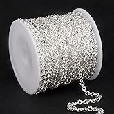 33 FT Silver Cable Jewelry Chain Bulk, 3.5mm Silver Plated Brass Textured Cable Link Chains Roll for Jewelry Making
