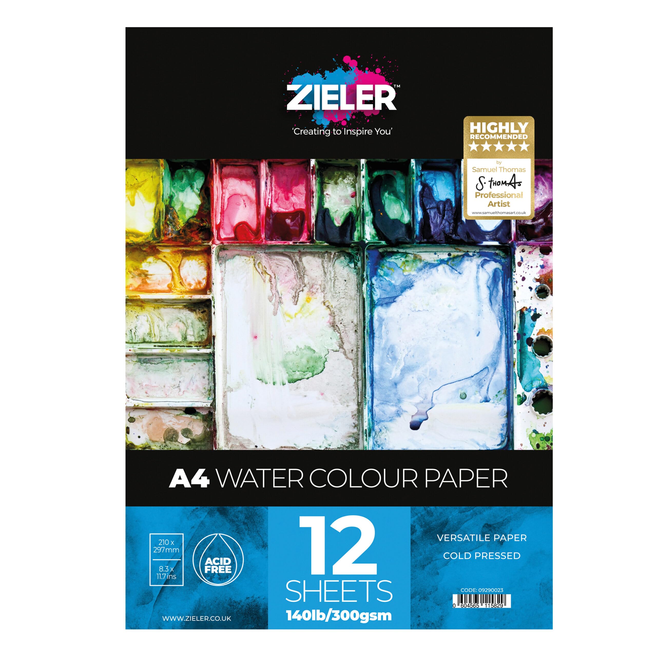 Fine-Grain Textured Watercolour Paper Pad - 300gsm, 12 Sheets - by Zieler™ - Ideal for Soaking & Masking (A4)