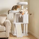 Feandrea Cat Tree, 45.3-Inch Cute Cat Tower, Plush Climbing Condo, White | with 4 Sisal Scratching Posts, 2 Perches, Spacious Cave, Scratching Ladder, Toy Balls for Indoor Cats, Easy to Assemble