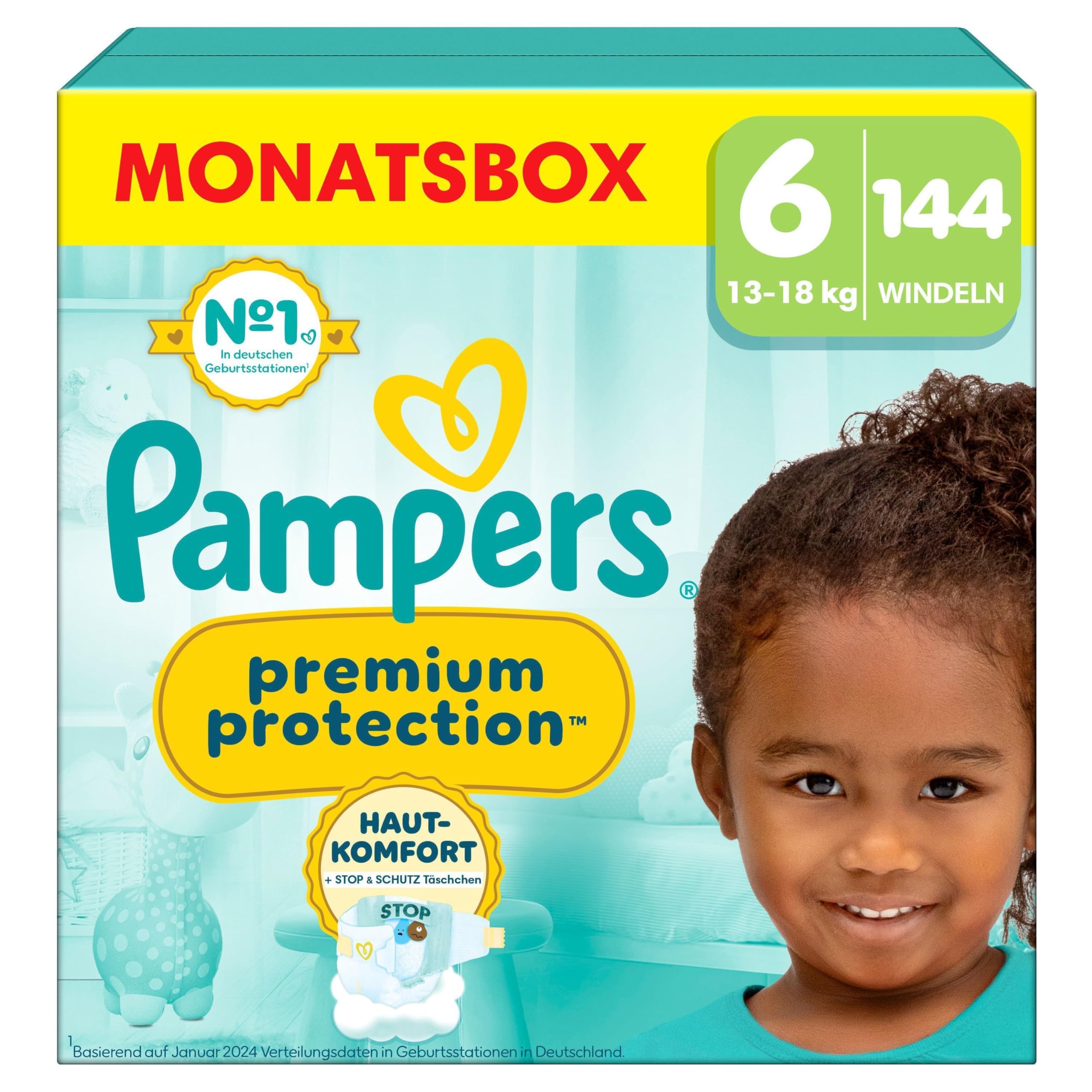 Pampers Premium Protection Größe 6, 144 Windeln, 13kg-18kg, Doppelter Schutz für die Haut und vor Auslaufen