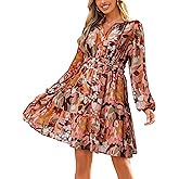 Simplee Womens Spring Floral Mini Dress Long Sleeve Boho Chiffon Short Dress Casual Flowy Fall Wedding Guest Dresses