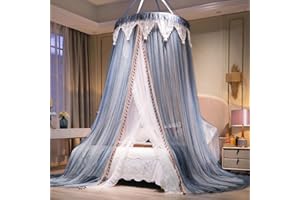 AIKASY Girls and Adults Canopy Bed, Elegant Double-Layer Bed Curtain, Children's Dream Round Lace Mosquito Net, Princess Canopy Net - Fits Twin, Full, Queen, and King Beds (White/Blue)