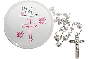 Westmon Works First Communion Rosary White Glass Bead Catholic Deluxe Set with Case for Ladies