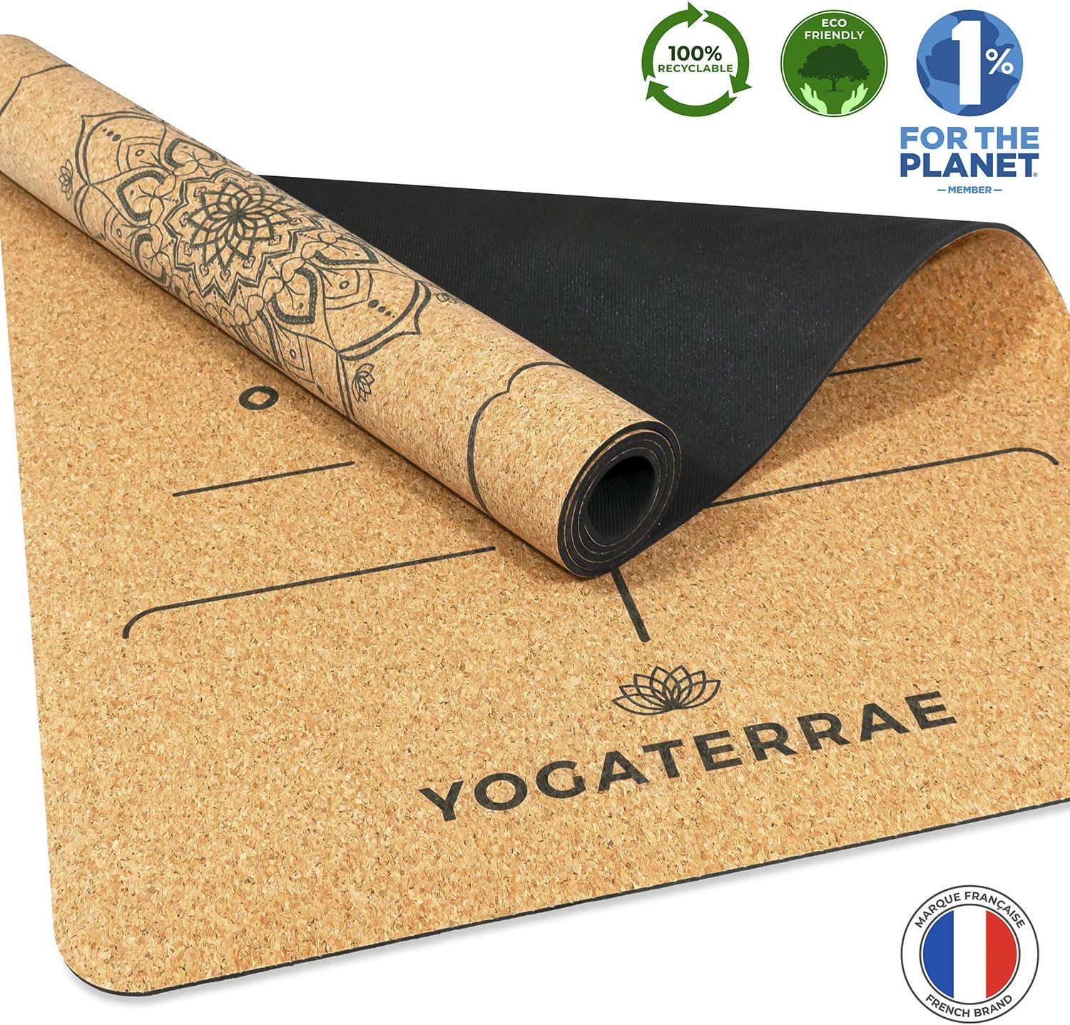 YOGATERRAE Yoga Mat Natural Cork and Rubber Yoga Mat with Alignments Lines Yoga Mat Non-Slip Thick Eco Friendly Yoga Mat for Pilates Gymnastics Fitness very Large 183x66x0.5cm Carry Strap & Stretches