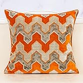 Alerfa Square Pillow Geometric Stripes Embroidery Cut Velvet Cushion Case Luxury Modern Throw Pillow Cover Decorative Pillow for Couch Sofa Living Room Bedroom Car 18 x 18 Inch Orange