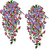 2PCS Artificial Fake Hanging Flowers Plants, Faux Silk Morning Glory with Ivy Vines, UV Resistant Realistic Outdoor Outside Decor for Porch Patio Spring Summer Home Decoration (Purple Fuchsia)