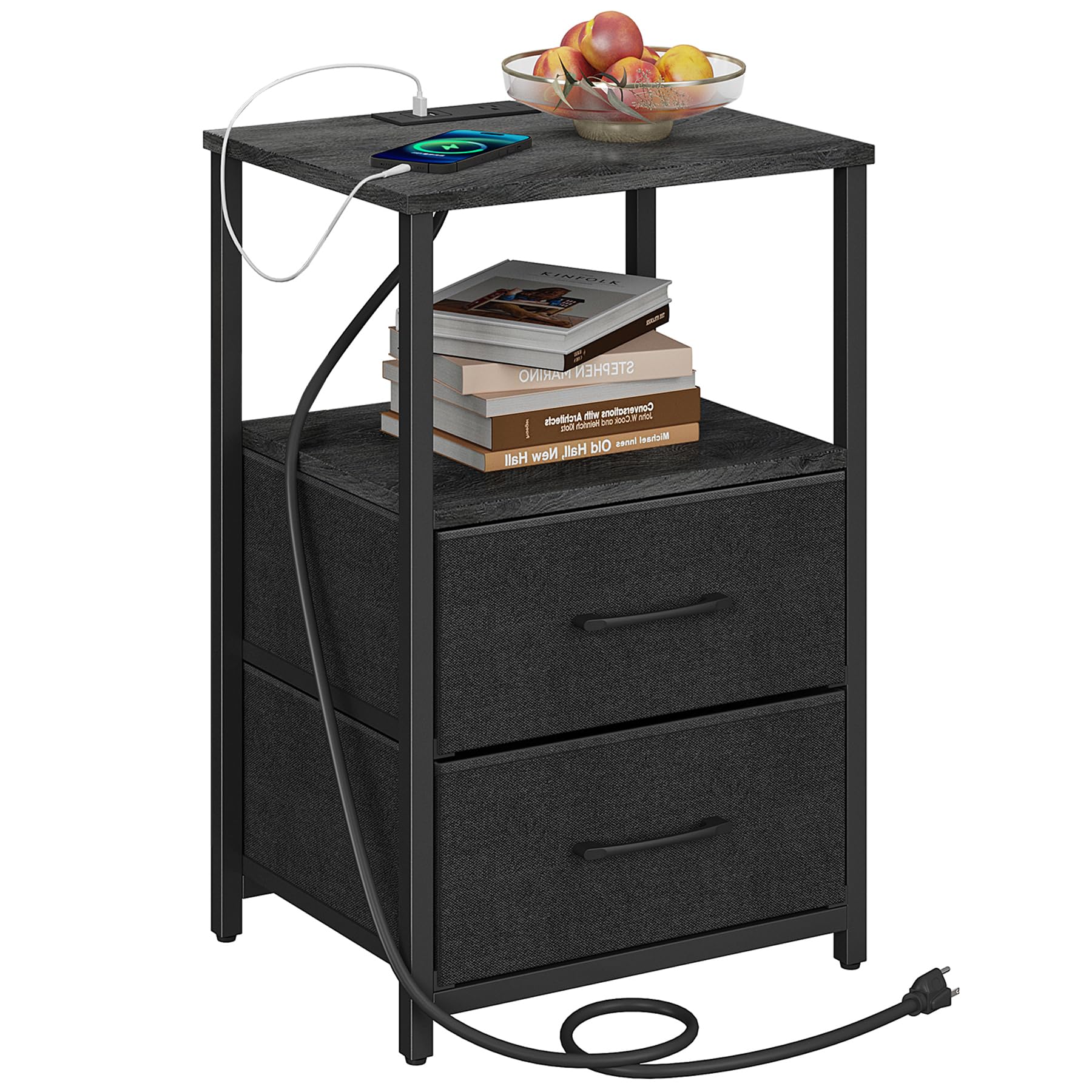 TUTOTAK End Table with Charging Station, Night Stand, Side Table with 2 USB Ports and Outlets, Nightstand with Cloth Drawer, Bedside Table for Livingroom, Bedroom Charcoal Grey TB01BY088