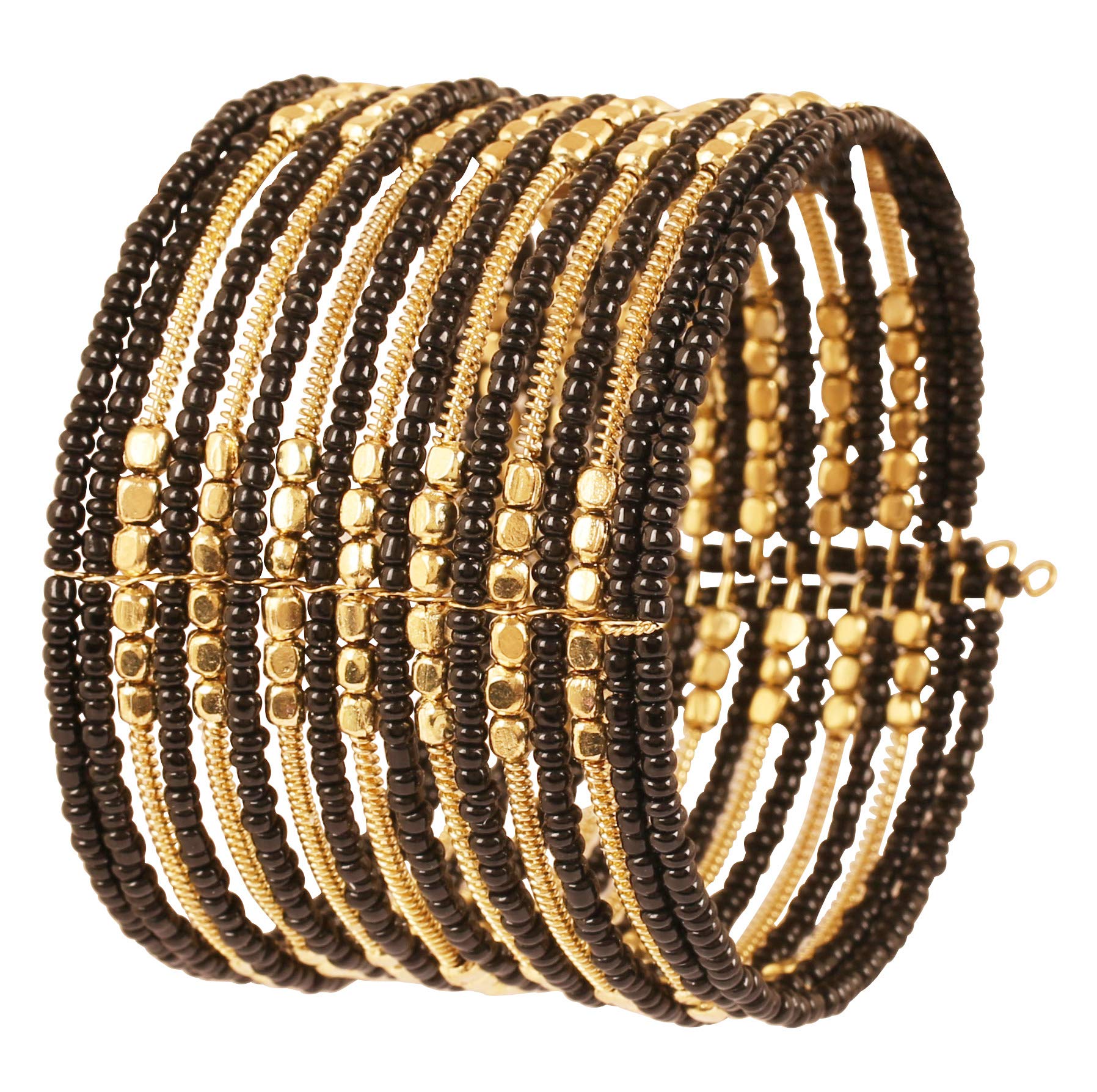 Touchstone NEW indian Bollywood Beautiful Beaten Metal Black Color Glass Beads Wire Layers Beads Wrist Enhancer Openable Cuff Bracelet In Gold Tone For Women.