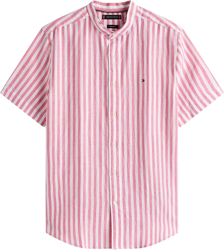 Herren Hemd Linen Blend Mao mit Grandad-Kragen, Mehrfarbig (Vintage Rosy/White), S