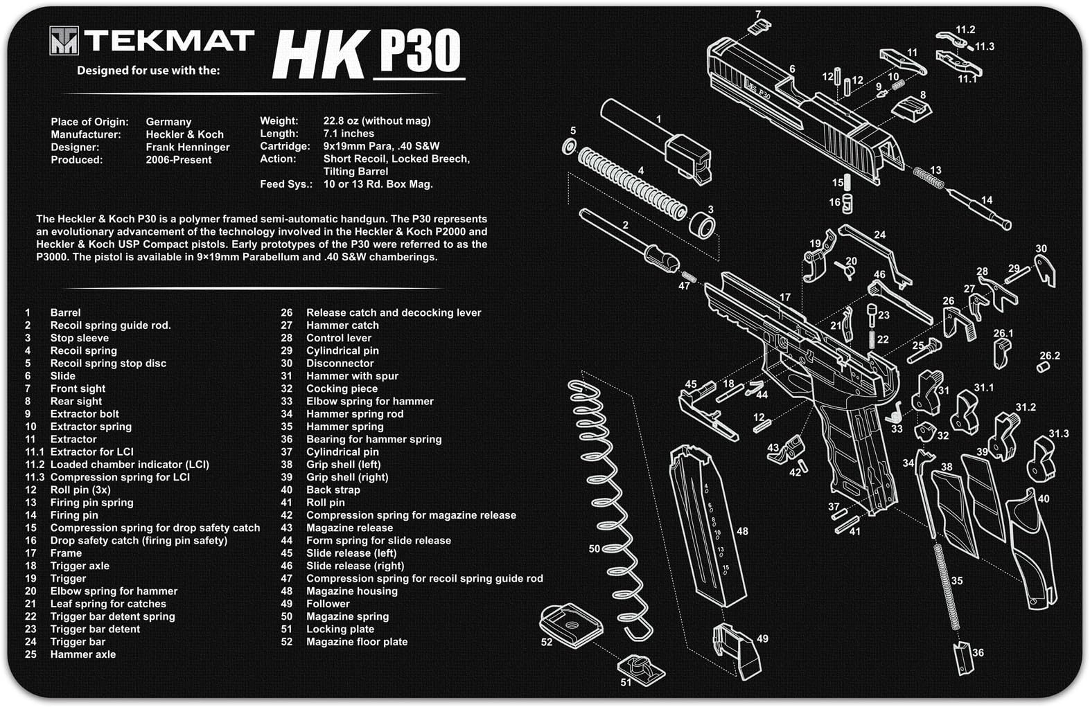 TekMat Gun Cleaning Mat for use with H&K P30 Black, 11 x 17-Inch