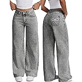 LUCKAMILEE Girls Baggy Jeans Y2k Straight Leg Casual Cute Bow Embroidered Denim Pants Coquette Trendy Skater Streetwear 8-16Y