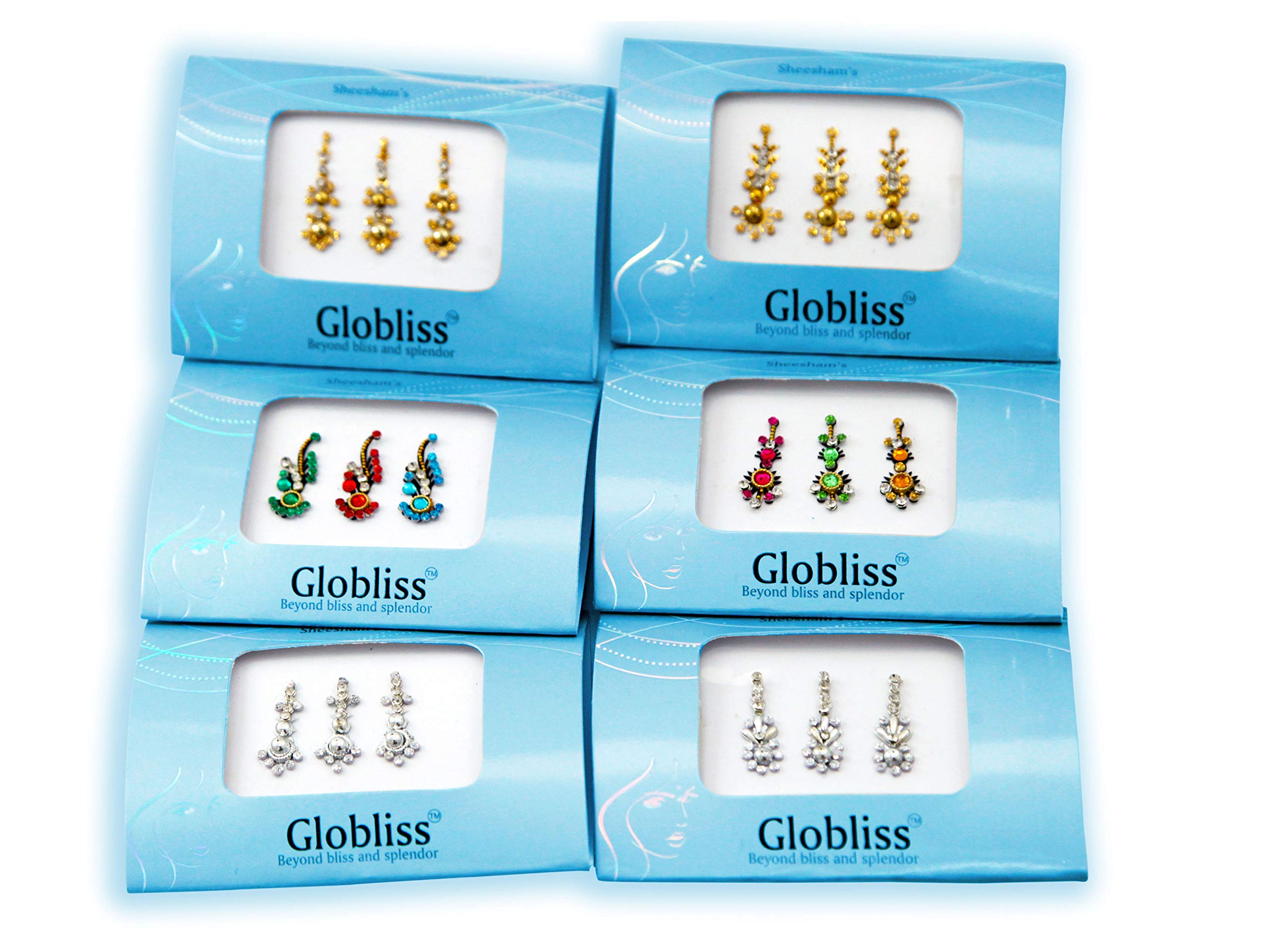 Globliss 6 Packs with 18 Long Indian Bindis face Gems Forehead Sticker Silver Golden Colorful