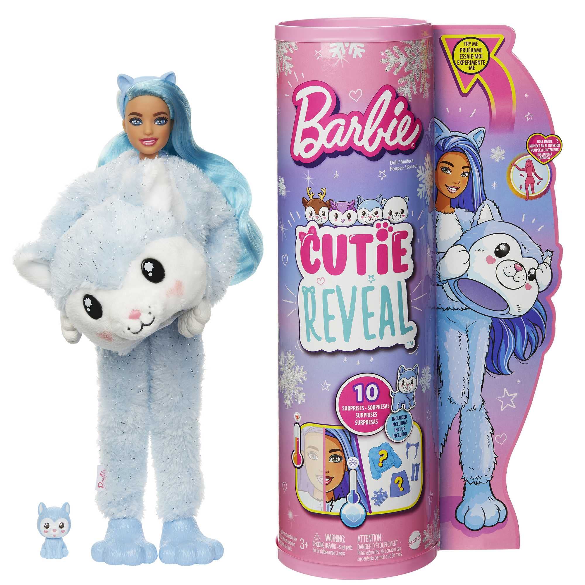 Barbie® Doll, Cutie Reveal™ Husky Plush Costume Doll with 10 Surprises, Mini Pet, Color Change and Accessories, Snowflake Sparkle™, HJL63