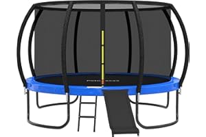 Polwkscas Trampolines 12FT 14FT Trampoline with Safety Enclosure Net & Ladder, Outdoor Trampoline for Kids and Adults with Heavy Duty Jumping Mat and Spring Cover Padding, ASTM Approved