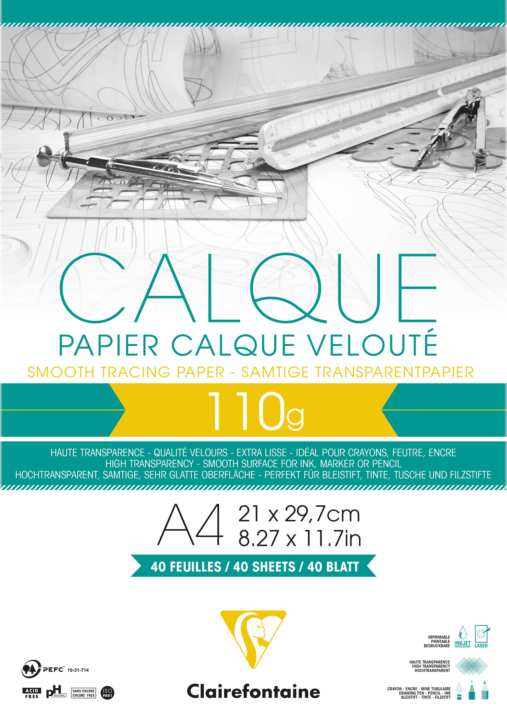 Clairefontaine - Ref 975106C - Tracing Paper Pad (40 Sheets) - A4 Sized, 110g, High Transparency, Smooth Surface, Acid Free, Printable - Suitable for Ink, Marker & Pencil