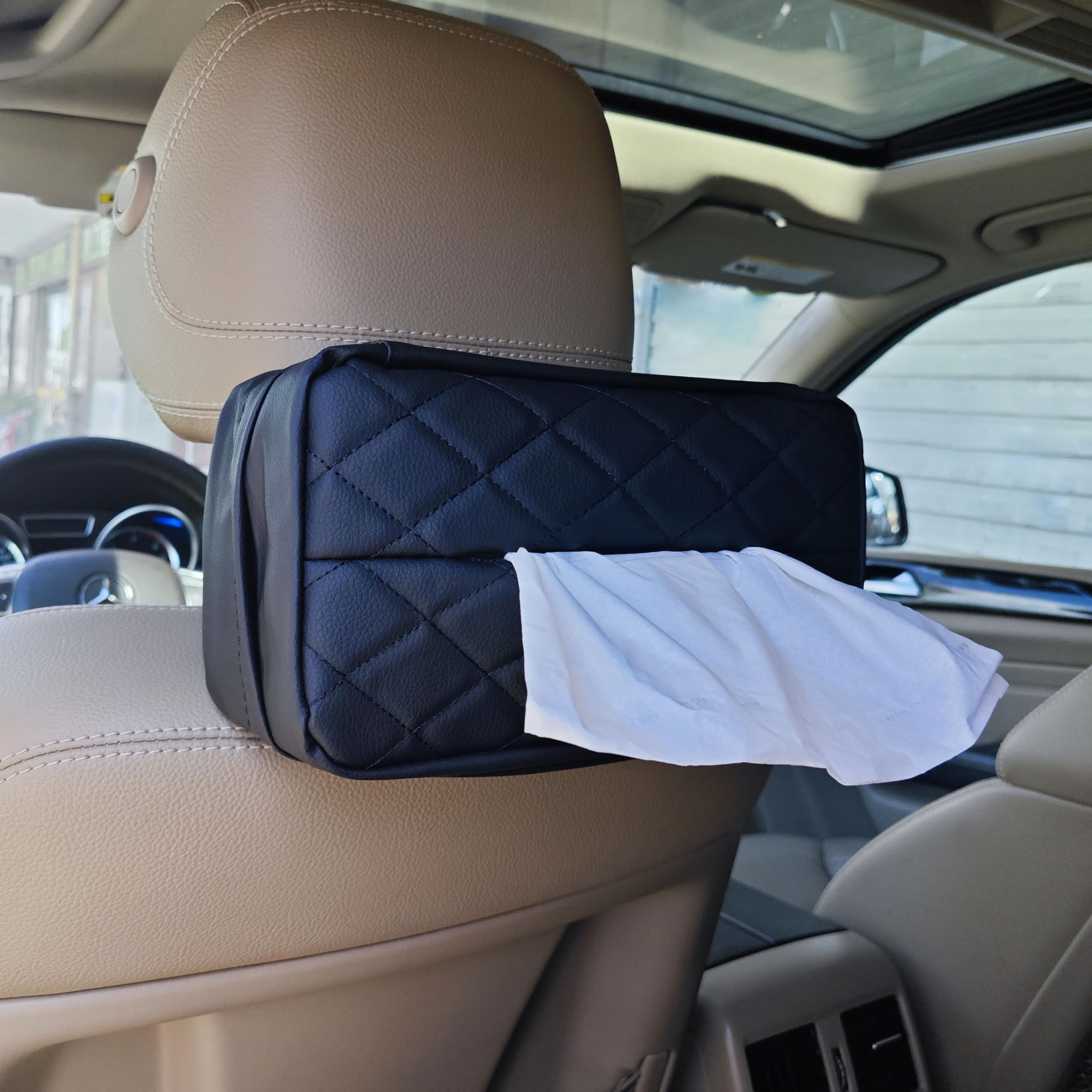 Photo 1 of Car Tissue Holder for 120 Standard Tissue,Leather PU Tissues Box Cover for Car Backseat,Extra Large Rectangle Napkin Holder Soft Rectangular,Fits for Kleenex tissues,for Storage& Organization (Black)
