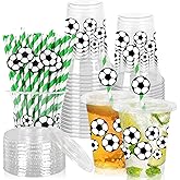 FYSUIMU 50 Pcs Soccer Plastic Cups with Lids and Straws Football Clear Plastic Cups 12 Oz Disposable Cup for Sports Party Supplies