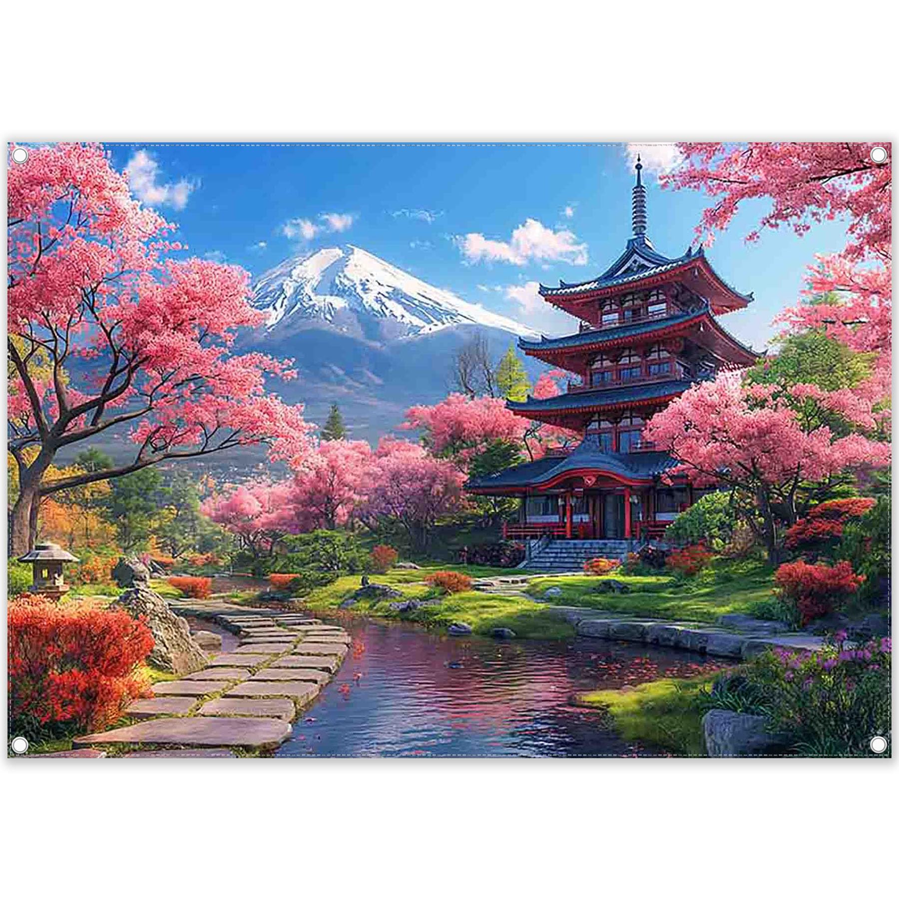 Photo 1 of ZTHMOE Fabric 7x5ft Japanese Spring Blooming Cherry Flowers Bokeh Photography Backdrop Snow Mountain Courtyard Background Party Decoration Photo Banner Booth