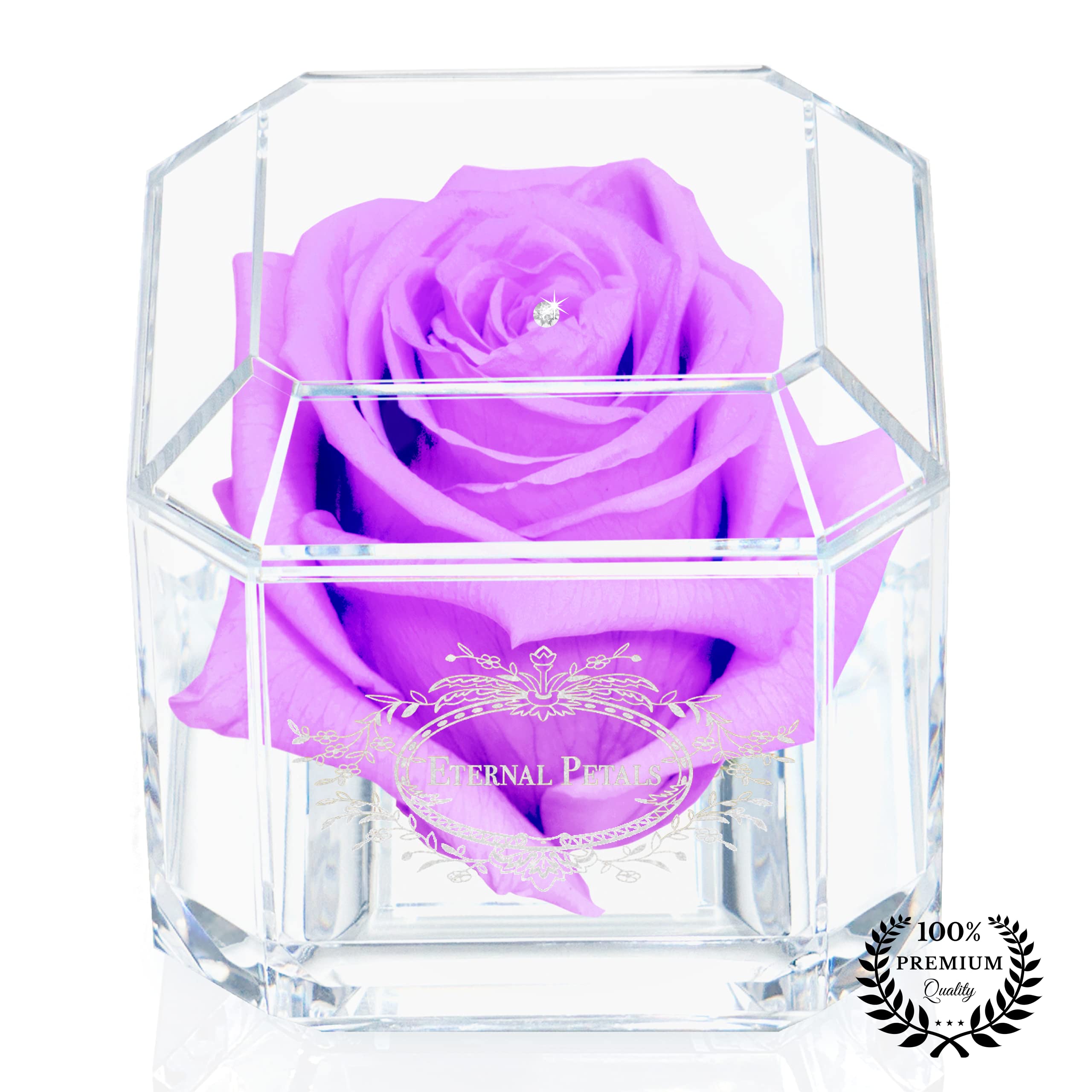 A 100% Real Rose That Lasts Years - Eternal Petals, Handmade in UK – White Gold Solo with A Clear Crystal (Lilac)
