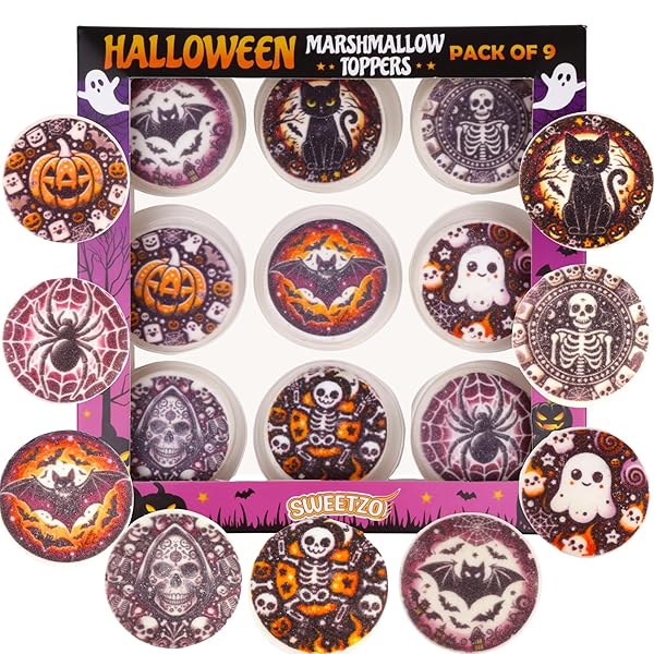 HALLOWEEN MARSHMALLOW TOPPERS, PERFECT HOT COCOA TOPPINGS OR DESSERT DECORATING CANDY, ASSORTED FESTIVE DESIGNS, 9 COUNT