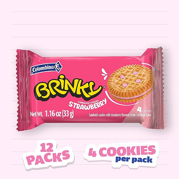 COLOMBINA BRINKY STRAWBERRY CREAM COOKIES,12 INDIVIDUAL PACKS, 4 SANDWICH COOKIES PER PACK, (13.97 OZ)