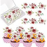 Rsstarxi 60 Pack Happy Valentine's Day Edible Rose Cupcake Toppers Wafer Paper Red Rose Flower Cupcake Picks Decoration for Sweet Love Wedding Valentine's Day Party Cake Decorations Supplies