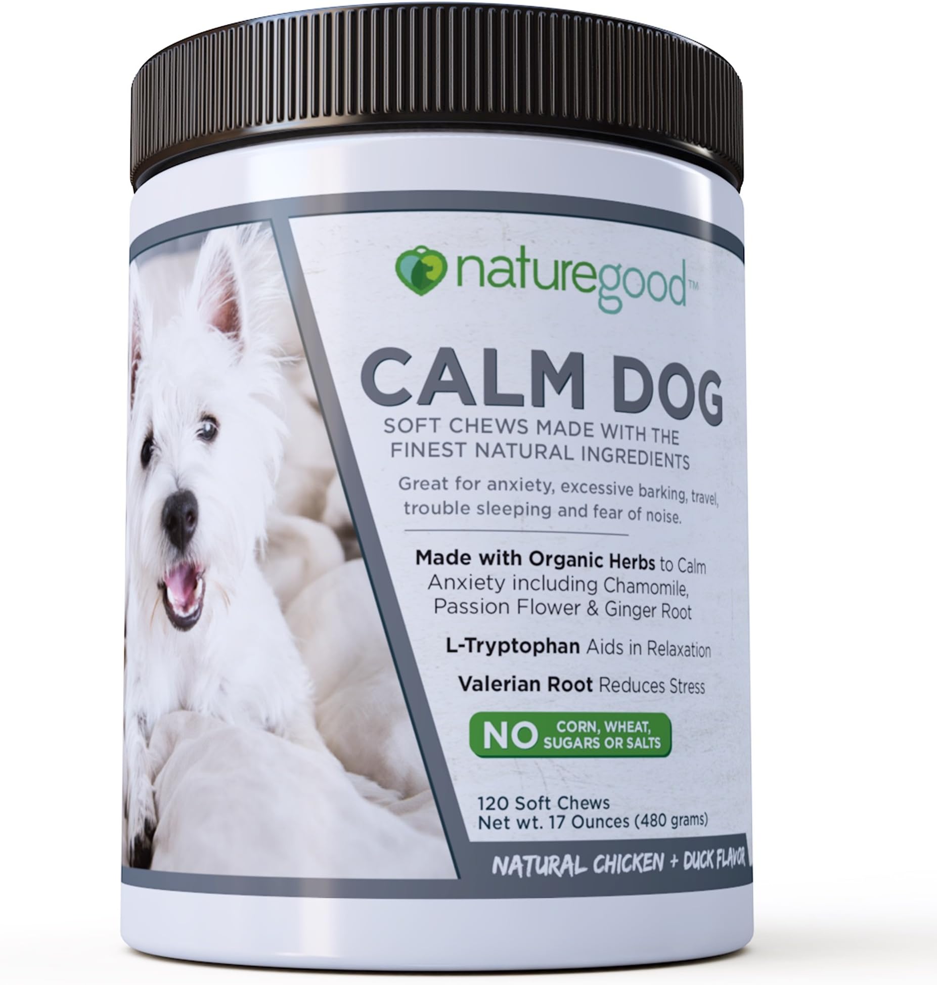 Calming Treats for Dogs - Dog Anxiety Relief | Calming Aid for Storms + Barking & Chewing | Made with Organic Passion Flower, Ginger Root, Chamomile | Valerian Root + L Tryptophan | 120 Natural Chews