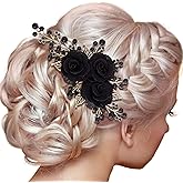 PAGOW Rose Flower Comb 6.1inch Black Hair Clip Bridal Women Accessories Bride Headpiece Gift for Wedding Party Prom Chrismas Valentine's Day Long Thick Hair
