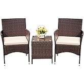 Devoko Patio Porch Furniture Sets 3 Pieces PE Rattan Wicker Chairs with Table Outdoor Garden Furniture Sets (Brown/Beige)