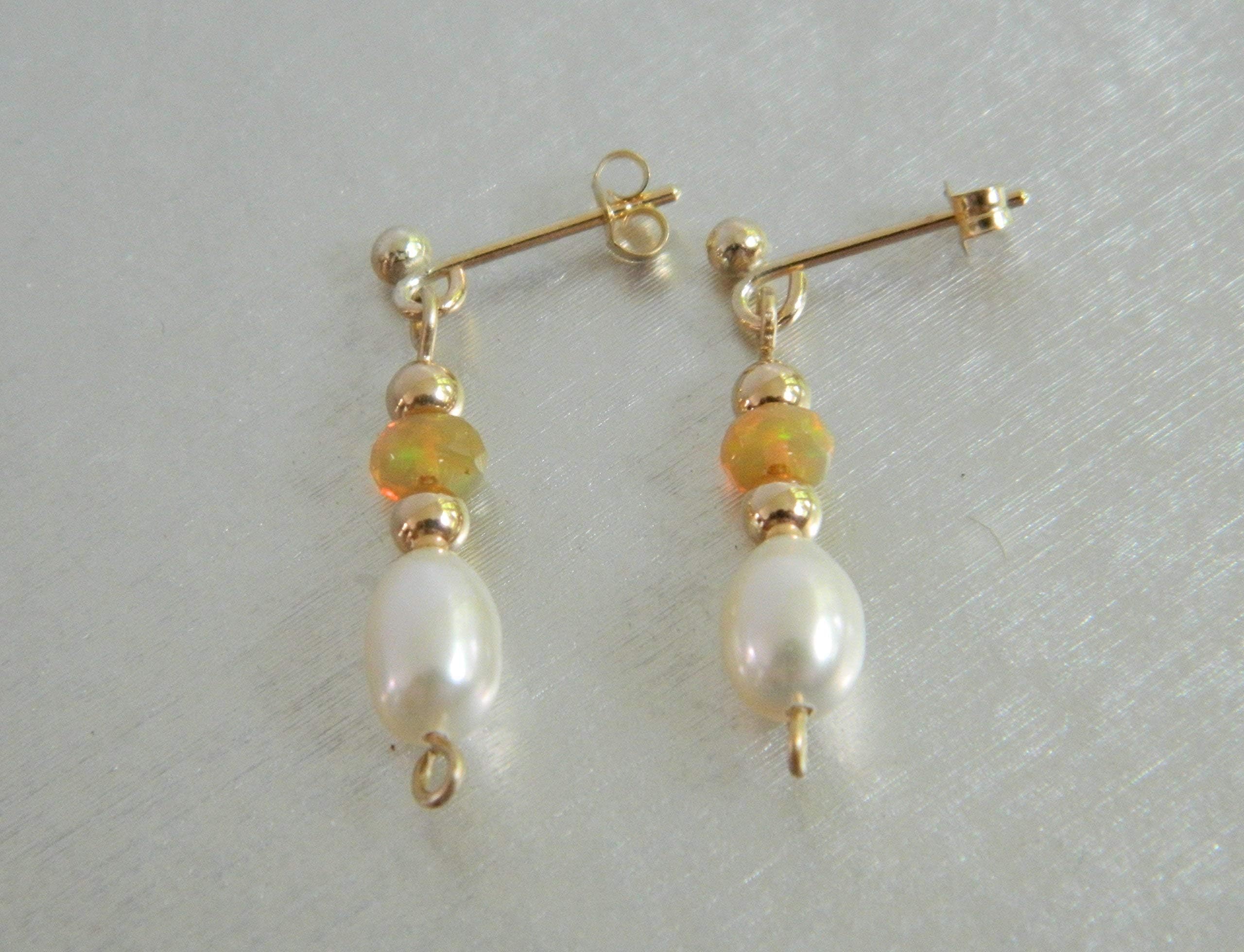 9ct Gold Ethiopian Fire Opal And Pearl Earrings