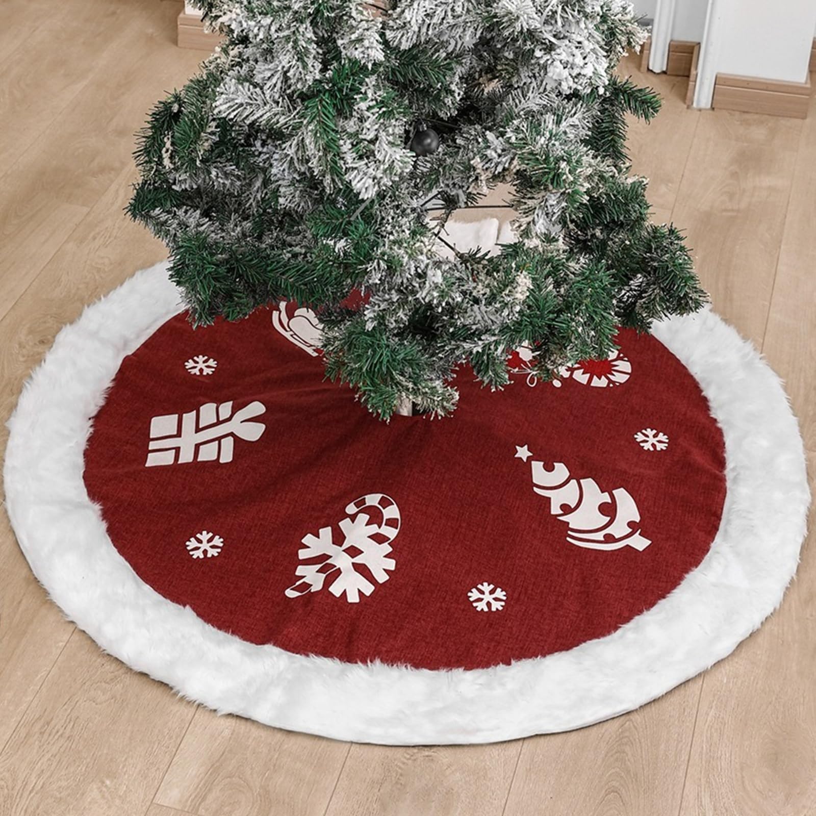 Christmas Tree Skirt, SEDEX 48 Inches Red Xmas Tree Skirts Luxury White Faux Fur Plush Base Cover Mat Christmas Tree Bottom Rug Covers Holiday Party Home Festival Decorations
