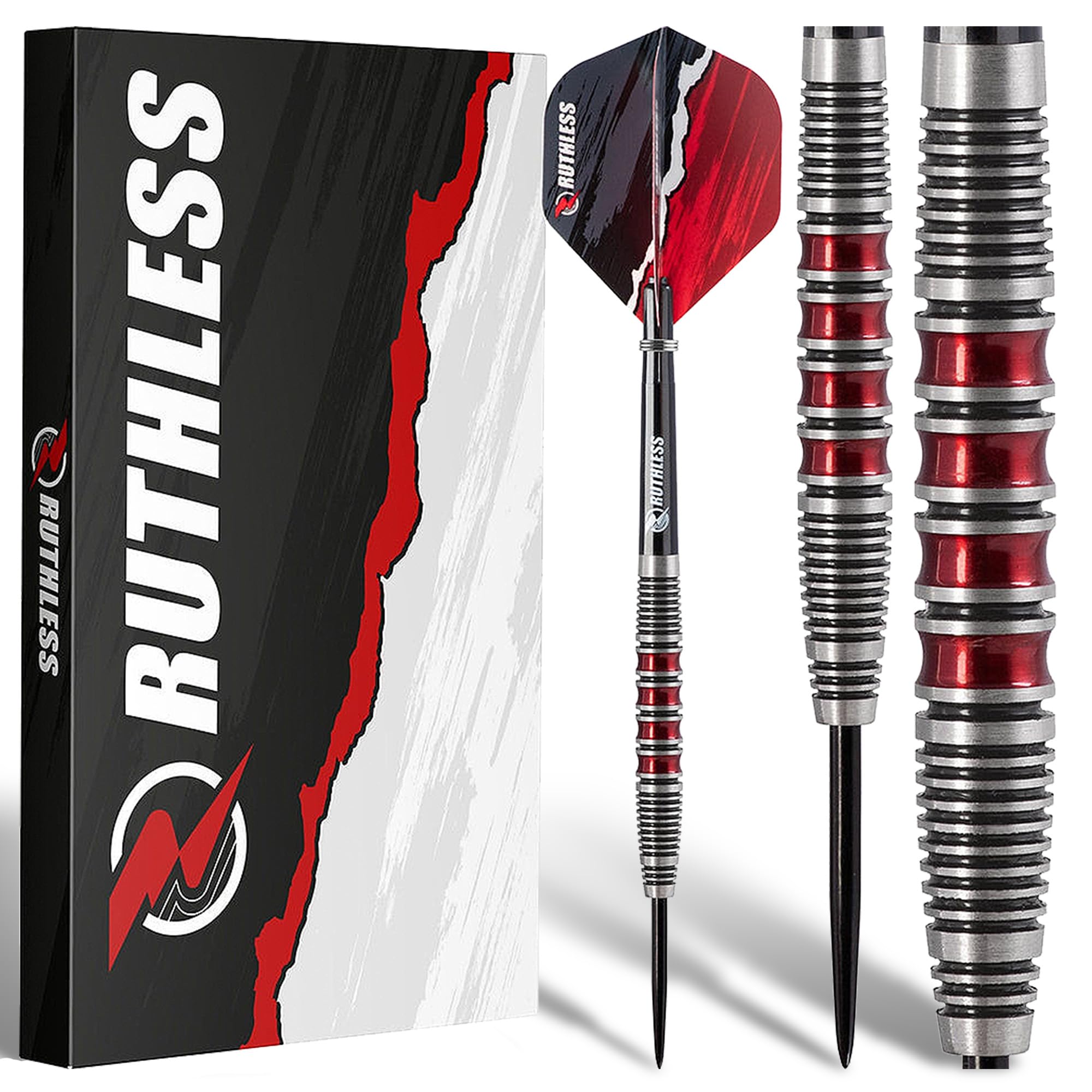 RUTHLESS Red Falcon Professional Tungsten Steeltip Darts Set in 22g and 24g, with Flights and Stems Shafts (24g)