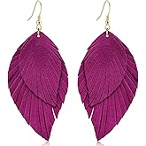 WIKMAB Genuine Leather Handmade Fringe Feather Lightweight Dangle Drop Earrings Teardrop Tassel Hook Earrings for Women