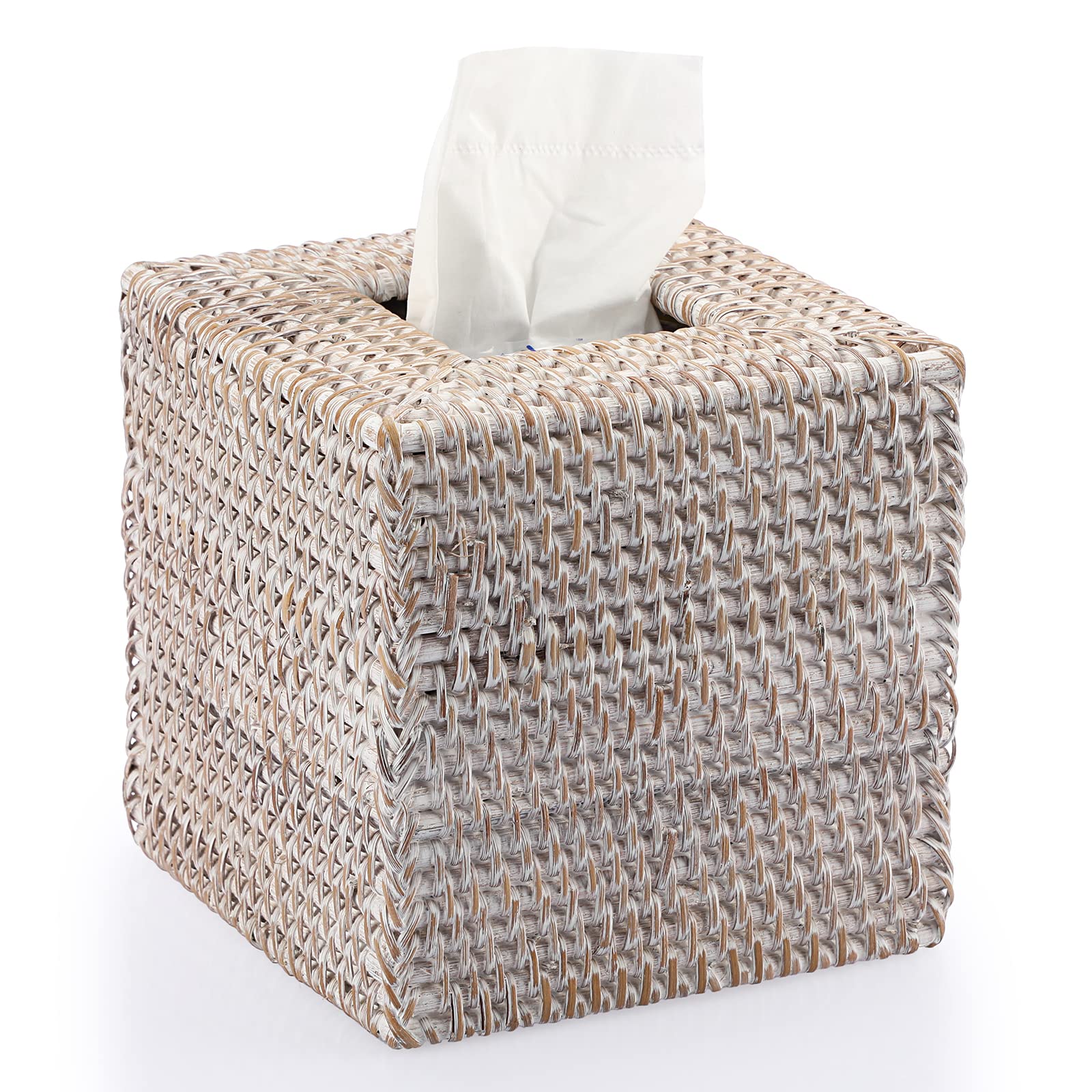 IGNPION Rattan Square Tissue Cover Holder Decoration Tissue Organizer Box Cube Tissue Paper Holder Box Tissue Storage Case Dispenser Napkin Organizer for House Office Car Hotel , Whitewash, 15x15x15