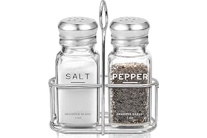 Glass Salt and Pepper Shakers Set with Holder by Brighter Barns - Modern Kitchen Decor, Dining Table Countertop Accessory - Cute Salt and Pepper Set with Caddy for Restaurants, Farmhouse Decor (Clear)