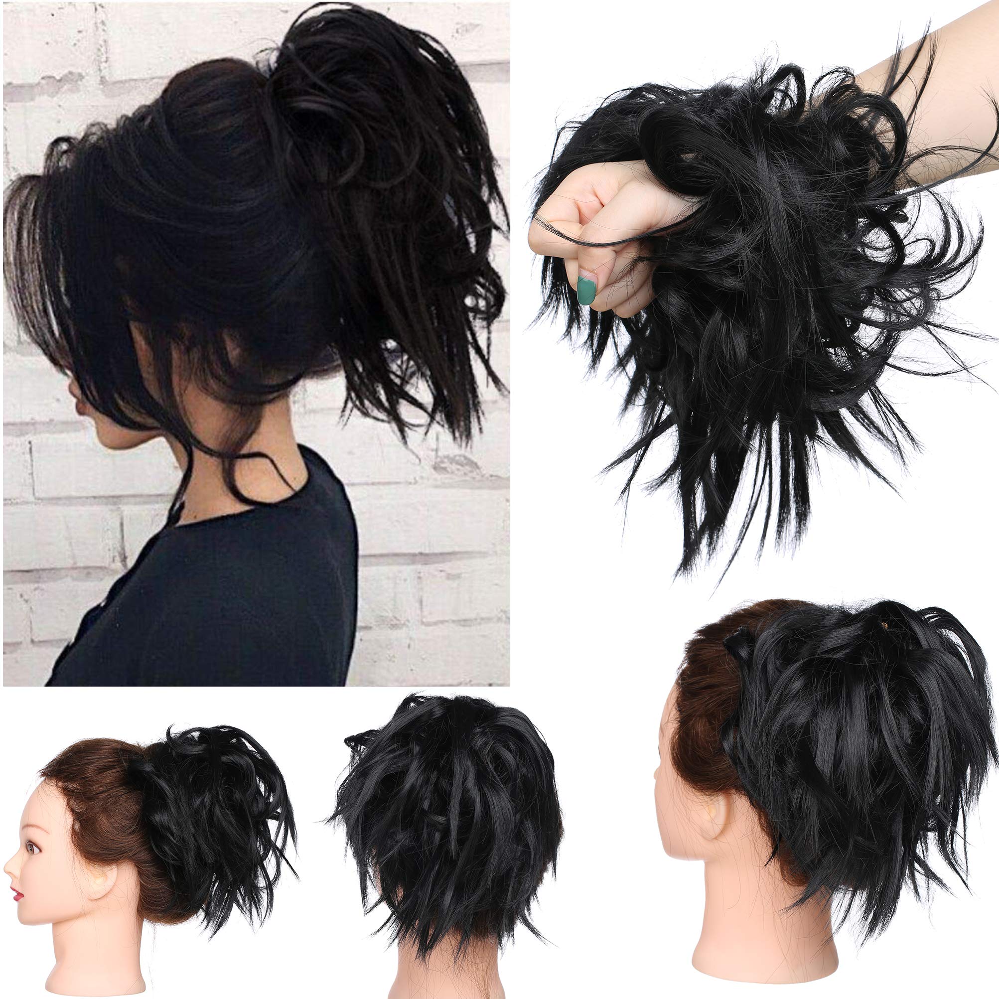 Tousled Updo Messy Bun Hair Piece Scrunchies Hair Synthetic Wavy Bun Extensions Fluffy Updo Scrunchy Chignon with Elastic Rubber Band Wrap on Donut Ponytail Hairpieces Dark Black