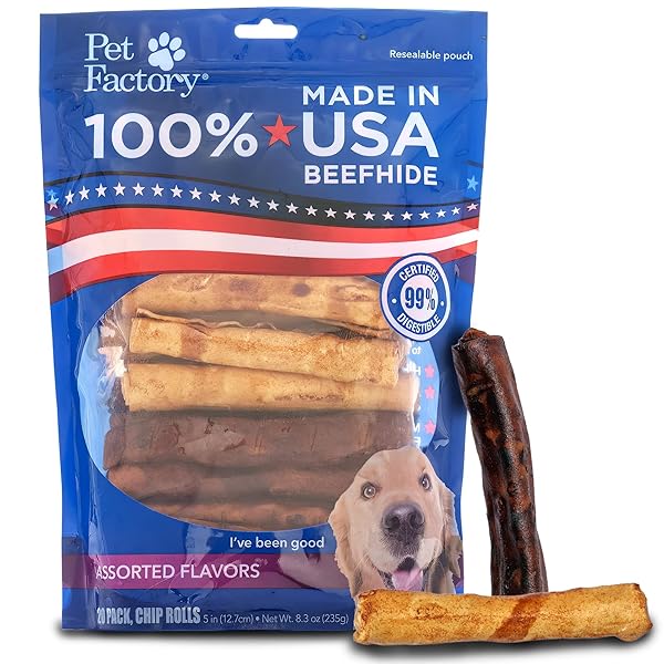 PET FACTORY 100% MADE IN USA BEEFHIDE 5″ CHIP ROLLS DOG CHEW TREATS – BEEF & CHICKEN FLAVOR, 20 COUNT/1 PACK