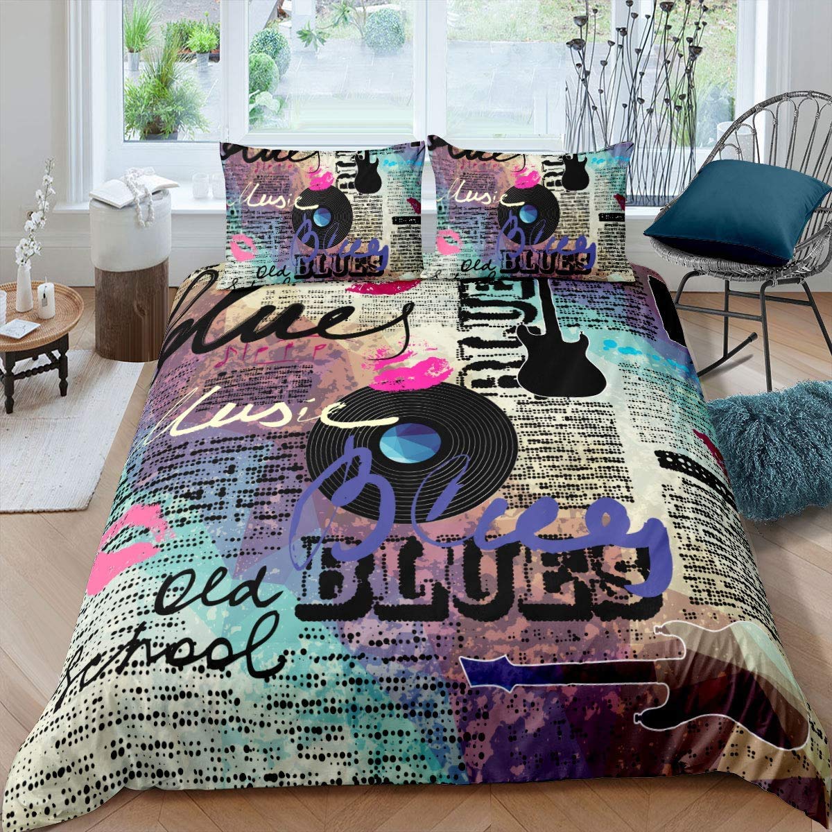 Old Newspaper Bedding Set Music Rock Record Bedding &Linen Guitar Old School Retro Blues Multicolor Decor 2Piece Single Vintage Duvet Cover Set Soft Comforter Cover (1 Duvet Cover+ 1Pillowcases)