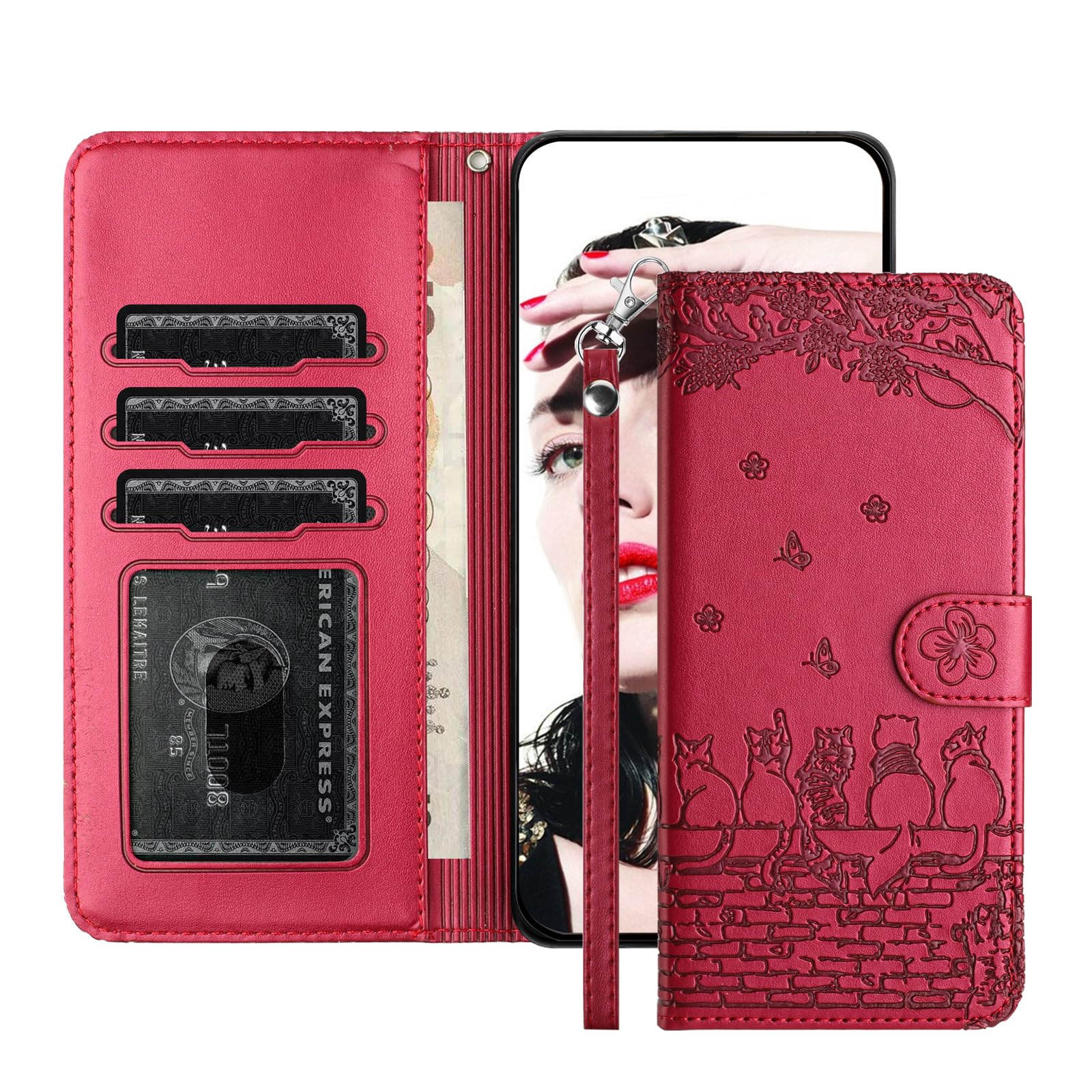 Jeffene Wallet Case for iPhone 13 (6.1 inch) with Strap,PU Leather/TPU Shockproof Cute Cats Protective Cover for Women with Card Holder,Kiskstand,Magnetic,Violet Red