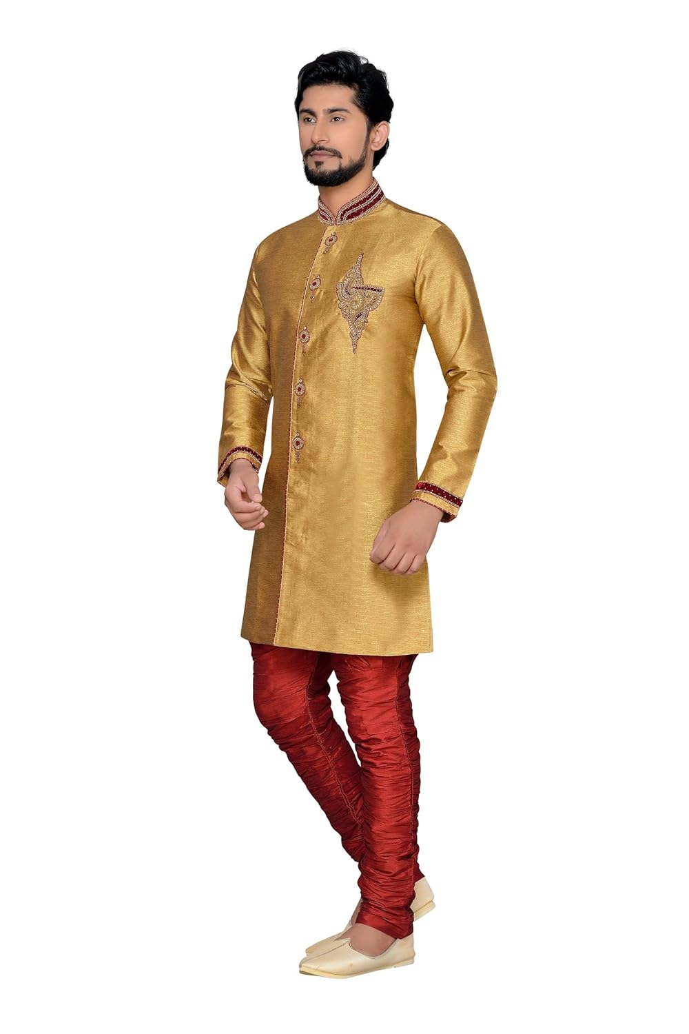 atool golden men's indo-western sherwani nawabi with churidar bottom